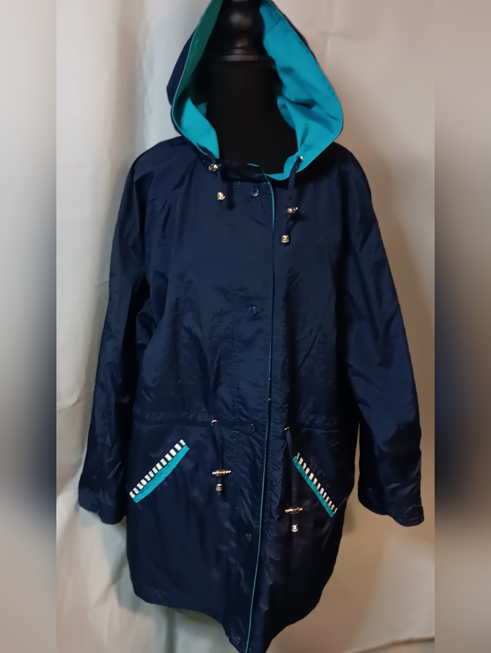 C S Essentials Women's Large Vintage Hooded Rev. Wind Breaker Jacket Teal/Navy